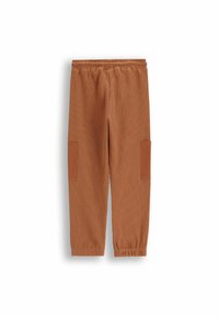 Brązowe, prążkowane spodnie dresowe mają elastyczny pas, ściągacze przy kostkach oraz dwie prostokątne boczne kieszenie z kontrastowego materiału.