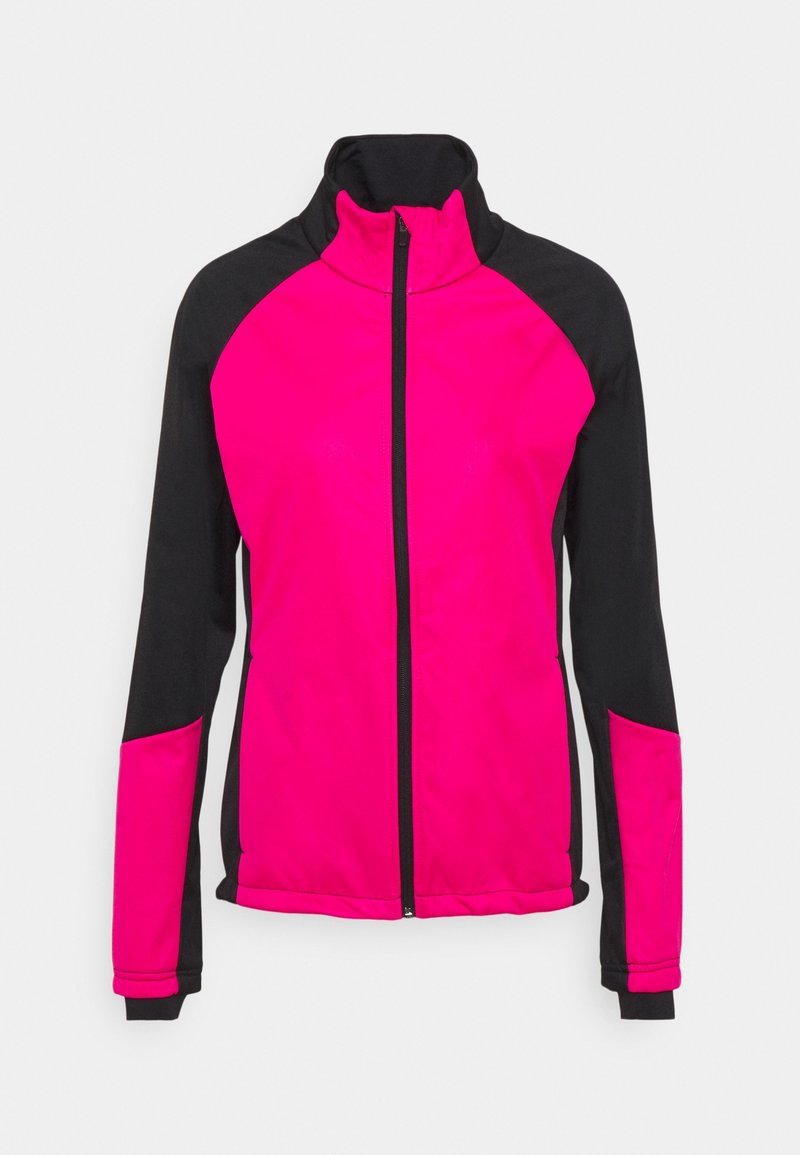 Veste zippée rose et noire à manches longues avec col montant, fermeture éclair noire et parties noires aux épaules, manches et côtés.