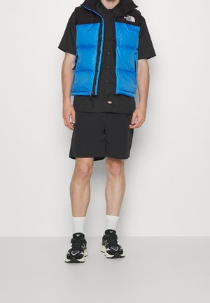 Hombre con camiseta negra de manga corta y pantalones cortos, chaleco acolchado azul y negro, calcetines blancos y zapatos deportivos negros, de pie contra un fondo liso.