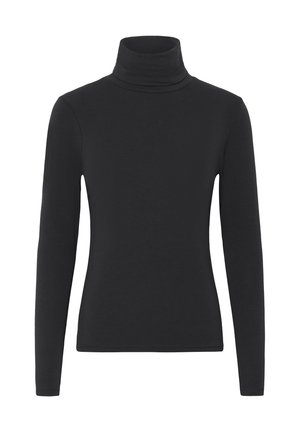Top negru cu guler înalt, realizat dintr-un material moale și elastic. Are mâneci lungi, o siluetă ajustată și un decolteu înalt. Fără modele sau embellismente.