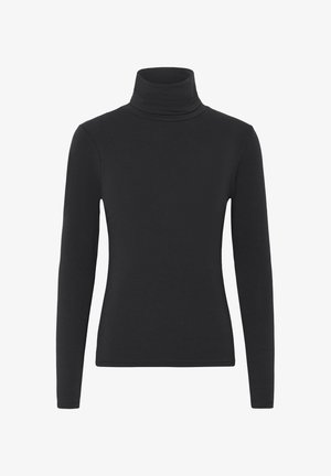 Un haut à col roulé noir en tissu doux et extensible. Comprend des manches longues, une silhouette ajustée et un col haut. Aucun motif ni embellissement.