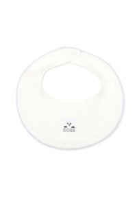 Bavoir en coton blanc de forme arrondie, avec un bord bleu clair et un design d'animal de dessin animé imprimé avec le texte "BOSS" en dessous.