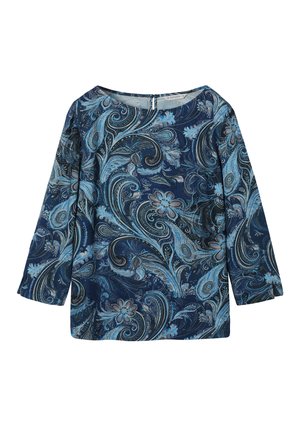 Tumesinine pikkade varrukatega pluus paisley-mustriga sinise ja halli toonides, ümar kaelus ja lõdvestunud lõige. Pehme kangatekstuuri.