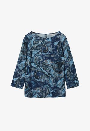 Bluzka z długim rękawem w kolorze granatowym z wzorem paisley w odcieniach niebieskiego i szarości, z okrągłym dekoltem i luźnym krojem. Miękka faktura tkaniny.