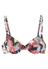 Kwiatowy top bikini na czarnym tle, z czerwonymi, białymi i żółtymi tropikalnymi wzorami. Regulowane, wąskie ramiączka oraz miękkie miseczki.