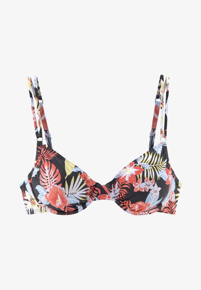 Kwiatowy top bikini na czarnym tle, z czerwonymi, białymi i żółtymi tropikalnymi wzorami. Regulowane, wąskie ramiączka oraz miękkie miseczki.