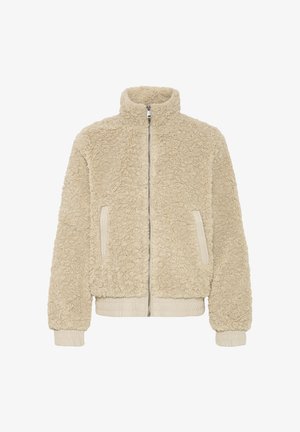 Fleece jacket in light beige with a zip front, high collar, and ribbed cuffs. Features two side pockets and a textured, cozy surface.