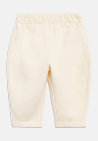 Babyhosen in Cremefarben mit elastischem Bund und einfacher Naht an den Beinen, flach auf weißem Hintergrund dargestellt.