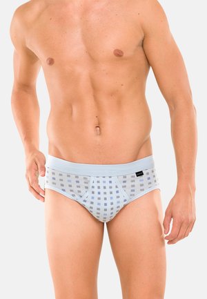 Hellblaue Unterhose mit einem karierten Muster in Grau- und Blautönen. Weicher Stoff, elastischer Bund und schlanker Schnitt.