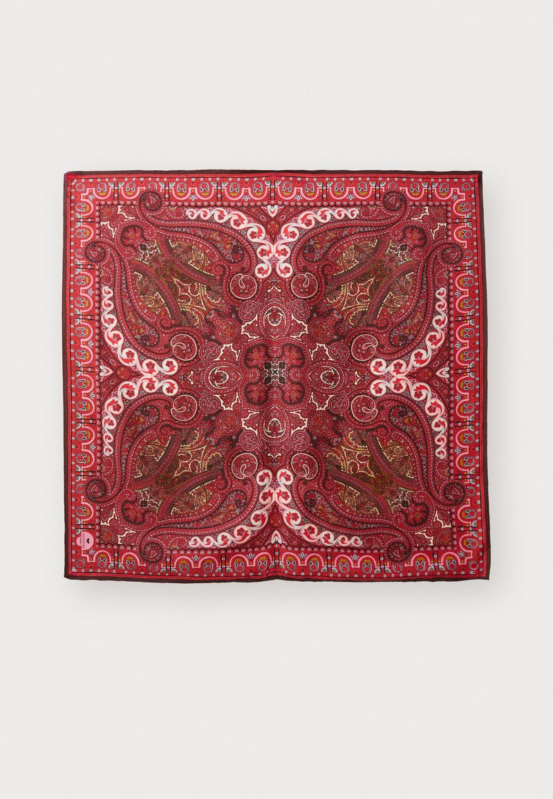 Red paisley-patterned square scarf with intricate designs in white and green, featuring a black border and smooth texture.