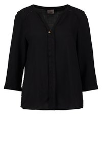 Blusa nera realizzata in tessuto leggero, con scollatura a V, maniche tre quarti, dettaglio a bottone sul davanti e sottili accenti di cucitura.