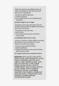 Traitement fortifiant pour ongles incolore, séchage rapide, finition brillante, adapté en base. Principaux ingrédients listés pour leur efficacité.