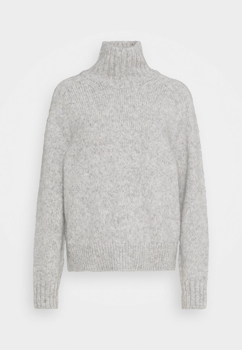Pull à col roulé gris clair en maille avec manches longues et poignets et ourlet côtelés.