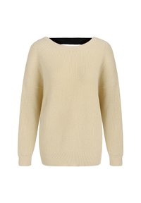 Suéter de punto color crema con una textura suave, escote amplio y hombros caídos. Los puños y el dobladillo acanalados acentúan el corte holgado.