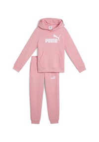 Puma rožinės spalvos džemperių ir kelnių komplektas, su kapučinu, priekinėmis kišenėmis ir balta logotipu. Minkšta medžiaga su elastingomis rankogaliais ir juosmeniu.