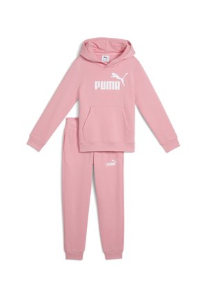 Ensemble de sweatshirt et pantalon de survêtement rose Puma, avec une capuche, une poche frontale et un logo blanc. Tissu doux avec des poignets et une ceinture élastiques.