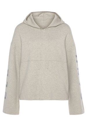 Hellgrauer, cropped Hoodie mit verstellbarem Kordelzug, breiten Ärmeln und glatter Textur. Bedruckter Text auf dem linken Ärmel.