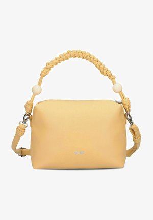 Yellow leather handbag with braided handle and adjustable shoulder strap, silver zipper, and small metal logo on front.