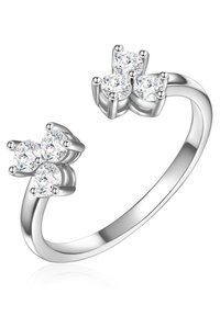 Srebrni prsten s dva skupa po tri okrugla prozirna kamena, postavljena u kandžolikim kopčama. Glatka traka s poliranim završetkom.