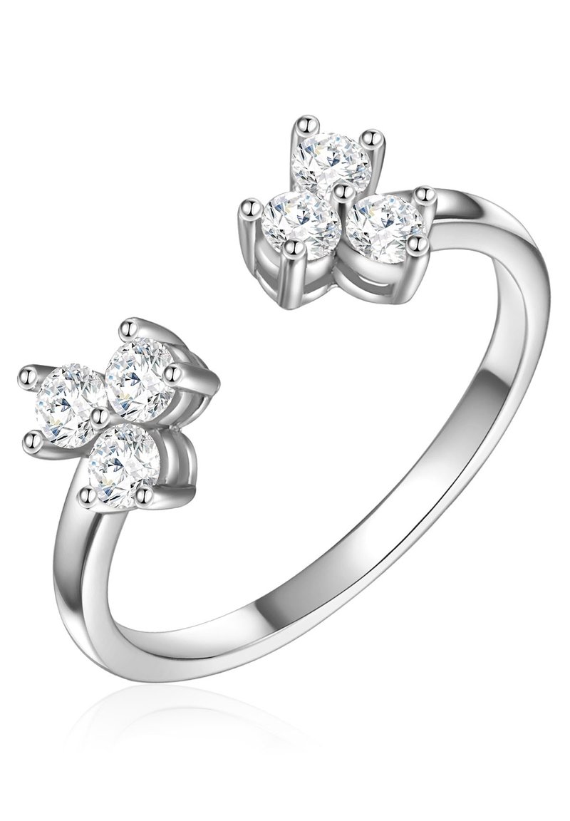 Srebrni prsten s dva skupa po tri okrugla prozirna kamena, postavljena u kandžolikim kopčama. Glatka traka s poliranim završetkom.