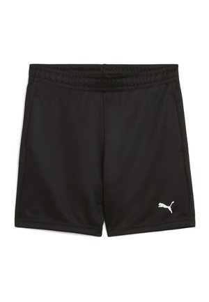 Pantalones cortos deportivos negros con cintura elástica, bolsillos laterales y un pequeño logotipo blanco de Puma en la parte inferior de la pierna izquierda. No se ven personas ni fondo.