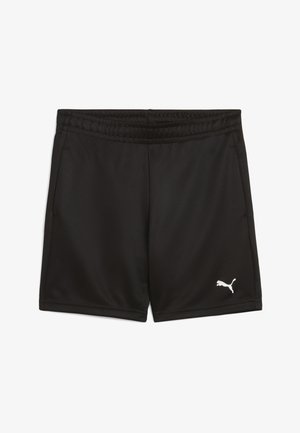Sorte træningsshorts med elastisk linning, sidelommer og et lille hvidt Puma-logo på nederste venstre ben. Ingen personer eller baggrund synlig.