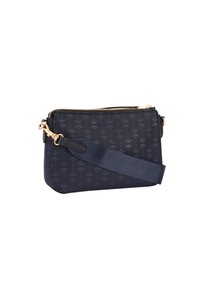 Navy crossbody bag made of textured fabric, featuring a floral-patterned design, gold-tone zipper, and a wide fabric strap.