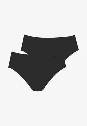 Black cotton stretch bikini briefs, featuring a smooth finish and elastic waistband. Two-pack design with a seamless construction.