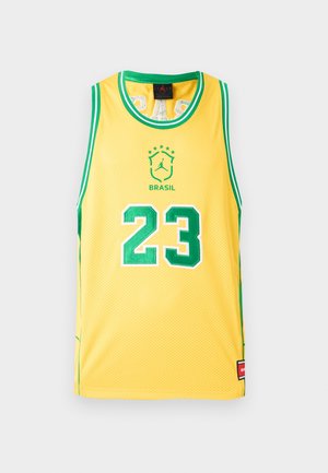 Žlutý a zelený basketbalový dres bez rukávů, číslo 23, s logem Brazílie a emblémem Jordan Jumpman na přední straně.
