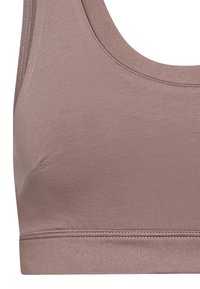 Mauve sports-bh med en rund halsudskæring, ribbet tekstur og elastisk bånd i bunden. Har glatte sting omkring kanterne.