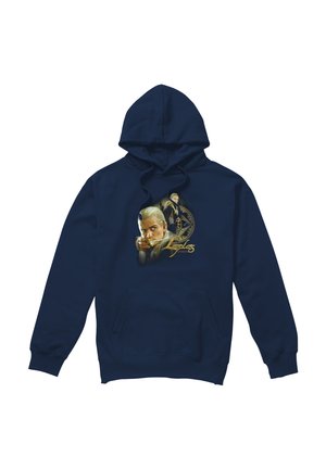 Navy blue hoodie featuring two elves with bows drawn and the text "Legolas" in gold script on the front center.