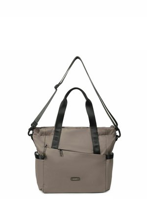 Sac fourre-tout taupe avec poignées noires et une bandoulière réglable, avec une poche zippée à l'avant et des compartiments latéraux.