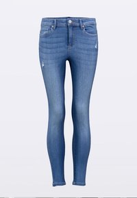 Heledad teksad helesinisest denimist, kõrge vöökohaga, peente kortsudega, rebenenud detailidega põlvedel ja klassikalise viie taskuga disainiga.