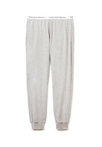 Pantalones de chándal grises hechos de una tela suave, presentan una cintura elástica con ribetes blancos de marca y puños acanalados en los tobillos.