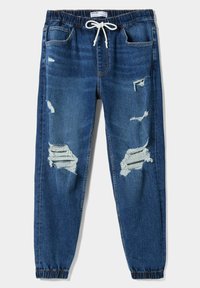 Denim joggers in dark blue, featuring a drawstring waist, ribbed cuffs, and multiple distressed patches with frayed edges.