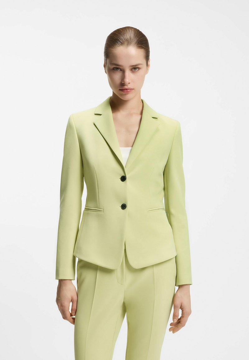 Femme aux cheveux lissés en arrière portant un blazer vert clair et un pantalon assorti sur fond blanc uni.