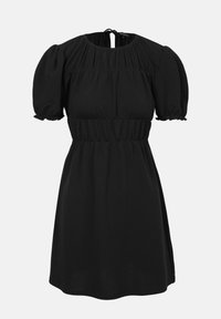 Robe noire en tissu léger, avec des manches courtes bouffantes, une taille froncée, un col rond et un dos en trou de serrure avec fermeture à nouer.