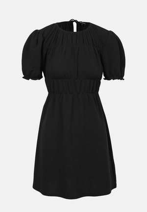 Czarna sukienka z lekkiego materiału, z bufiastymi krótkimi rękawami, zbieranym w pasie, okrągłym dekoltem oraz z tyłu z wycięciem w kształcie łezki z zapięciem na wiązanie.