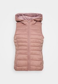 Veste rembourrée en rose doux avec capuche, dotée d'une fermeture éclair frontale, d'une texture matelassée et sans manches pour une superposition légère.