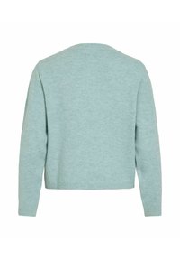 Gaiši zils džemperis, mīksta tekstūra, apaļa izgriezuma kakls, gari piedurkņi, ribota aproce un apakšmala, vienkāršs dizains, šuvju nav aizmugurē, bez rakstiem vai rotājumiem.