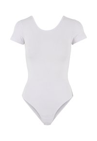 Body alb, cu mâneci scurte, confecționat dintr-un material neted și elastic. Are un decolteu rotund și închidere cu capse la baza. Design curat, minimalist.