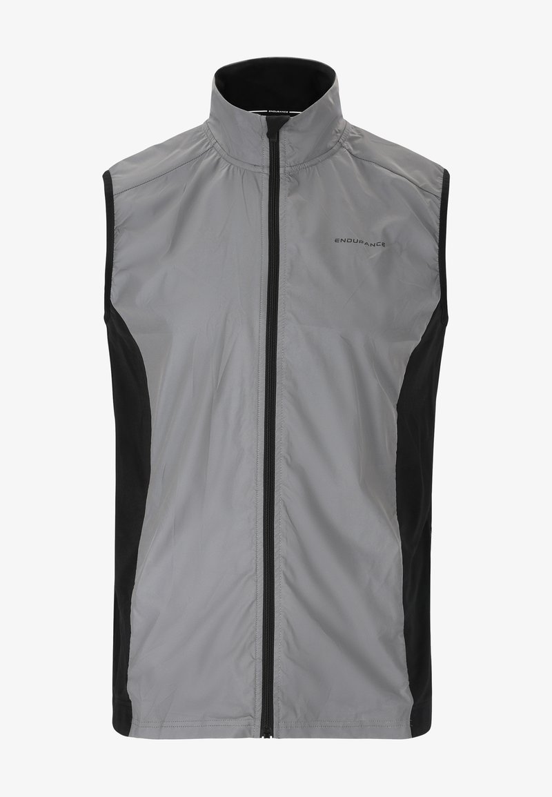 Ärmellose Weste aus hellgrauem und schwarzem Material, mit einem Frontreißverschluss, hohem Kragen und dezentem Logo-Detail auf der Brust.