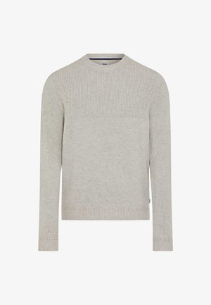 Pull en maille gris clair avec une partie supérieure côtelée, un col rond et des manches longues. Présente des coutures texturées et un bas uni.