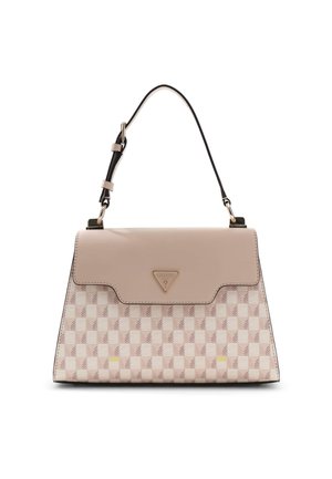 Sac à main beige et taupe à motif avec rabat supérieur, bandoulière noire réglable et logo triangulaire Guess au centre avant.