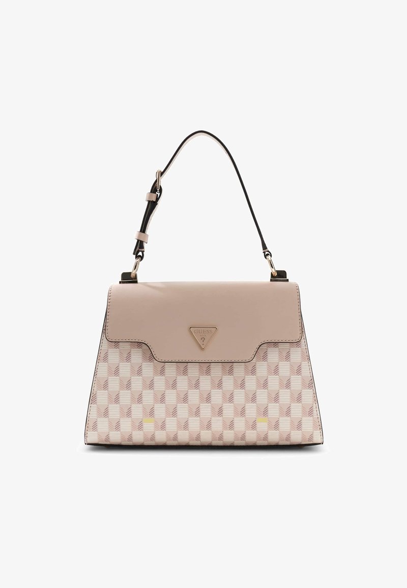 Sac à main beige et taupe à motif avec rabat supérieur, bandoulière noire réglable et logo triangulaire Guess au centre avant.