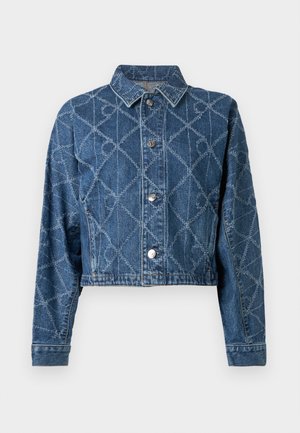 Cropped denimjack met een donkerblauwe kleur en een ruitensteekpatroon, knoopsluitingen en een puntige kraag. Voorzien van doorgestikte details.