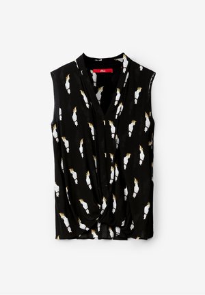 Blouse noire sans manches avec devant drapé et imprimé d'oiseau cacatoès blanc aux crêtes jaunes.