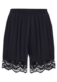 Námořnické šortky vyrobené z lehkého materiálu s detailním skladem. Obsahují krajkový lem na spodním okraji s pomponovými akcenty. Elastický pas.