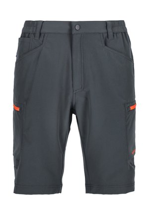 Mörkgrå shorts tillverkade av lättviktig tyg, med två framfickor, sidofickor med orange detaljer, och ett elastiskt midjeband.