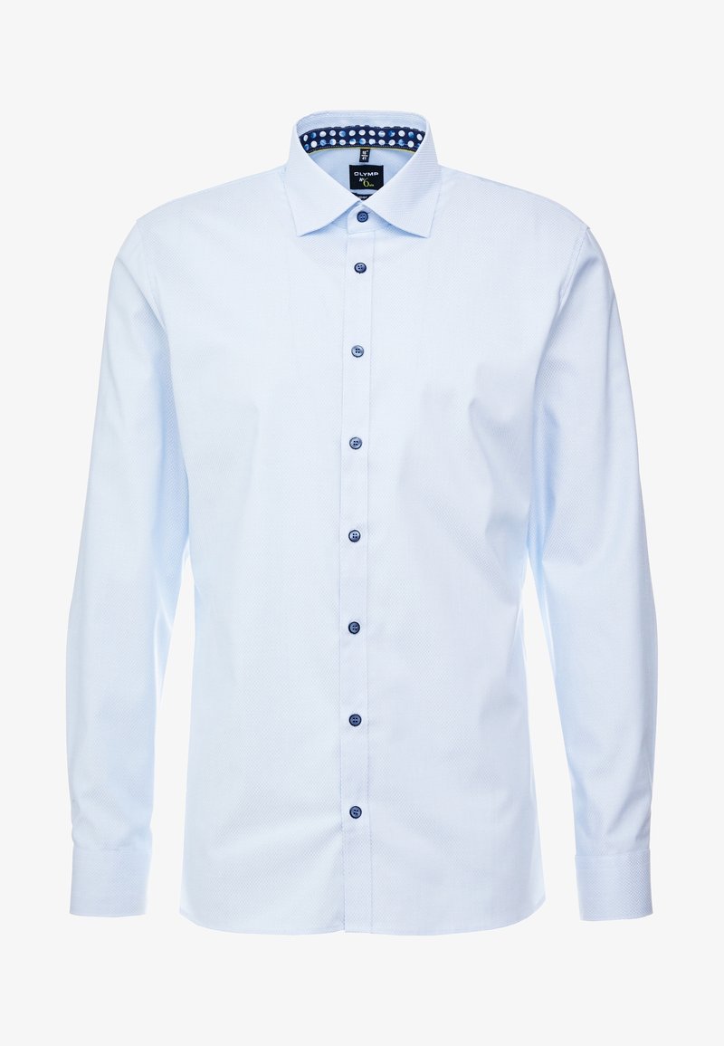 Chemise à manches longues bleu clair avec un motif texturé, dotée d'un col intérieur à pois bleus et de boutons bleu foncé.